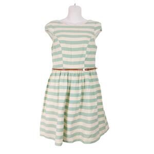 Atmosphere Cap Sleeve Fit & Flare Belted Dress Mint Green White Stripe Womens 12